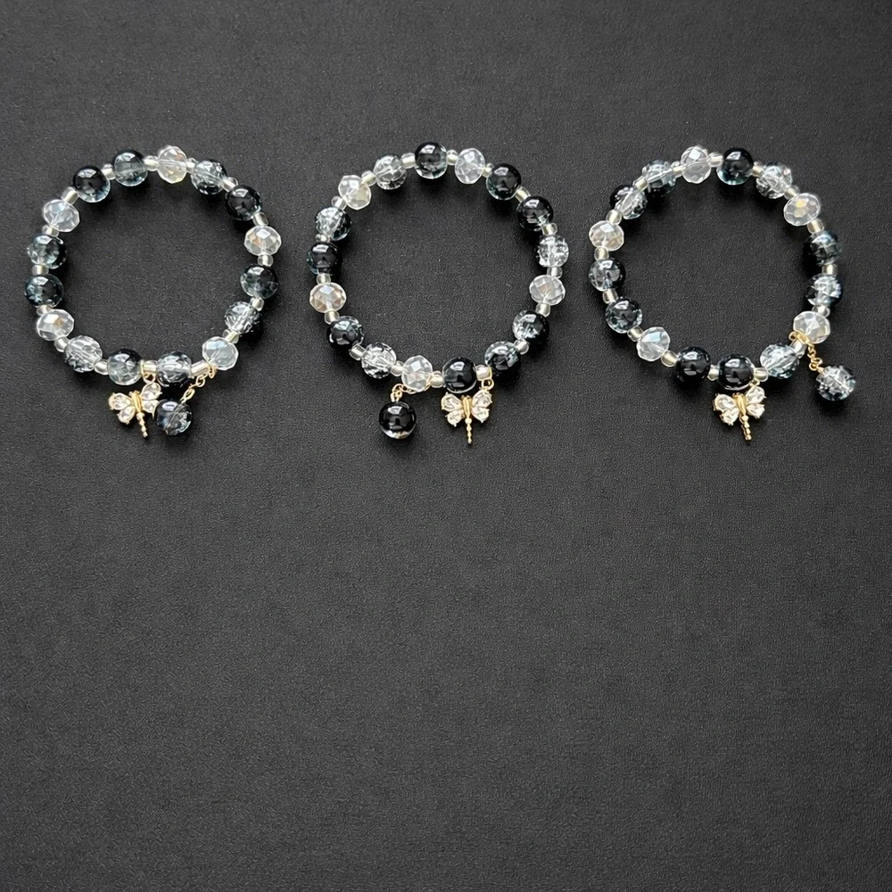 Set of 3 Glass Bead Stretch Bracelets Black Clear Crystal Butterfly